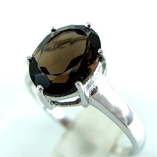 💎S904 แหวนพลอยแท้ แหวนเงินแท้ชุบทองคำขาว พลอยสโมกกี้ควอทซ์แท้ 100%