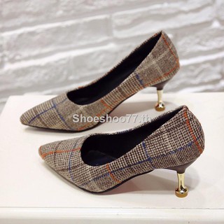 ❈[เวอร์ชั่นเกาหลีของ houndstooth] รองเท้าส้นเดียวส้นแมวที่เรียบง่ายและหลากหลายส้นรองเท้าส้นกริชขนแกะของผู้หญิงแฟชั่นปาก