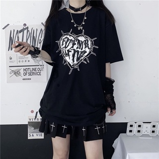 Goth Vintage พิมพ์เสื้อยืดผู้หญิง Harajuku Streetwear Dark Gothic Emo Alt แขนสั้นหลวมสีดำ Tops