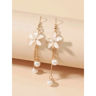 ต่างหูแฟชั่น ต่างหูดอกไม้ Faux Pearl Decor Flower Drop Earring (ส่งจากไทย)