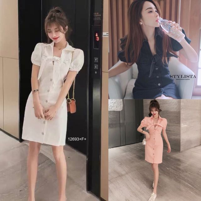 เดรสยีนส์-คอโบว์-แต่งกระดุมหน้า-น่ารักๆ