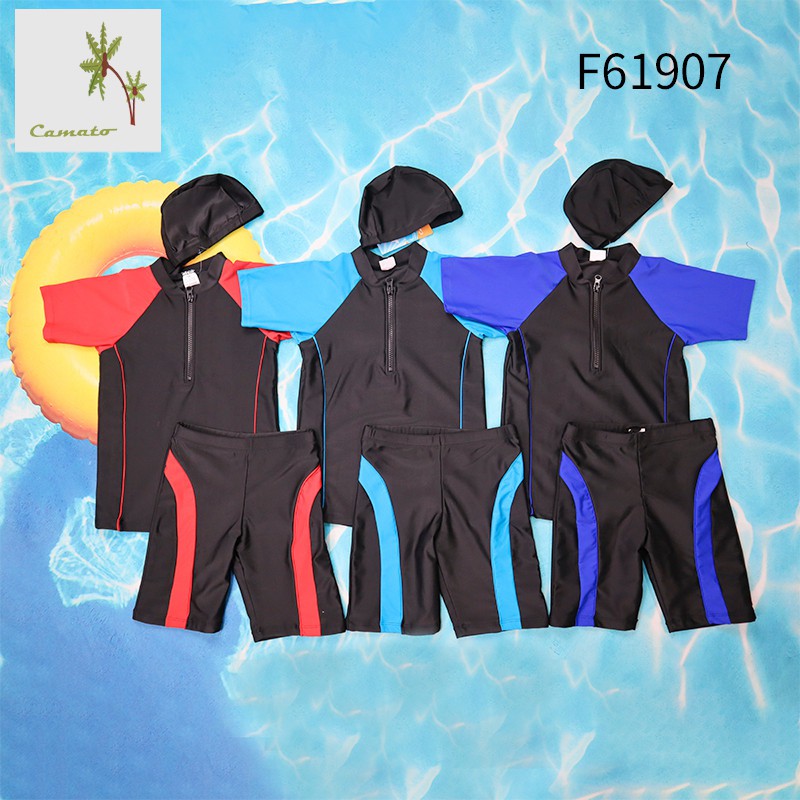 ภาพหน้าปกสินค้าCamato ชุดว่ายน้ำเด็ก ชาย หญิง ทอม แบบ2ชิ้น ขาสามส่วน แขนสั้น ทรงตรง แนวสปอร์ต ใส่ได้ทุกเพศ F61907