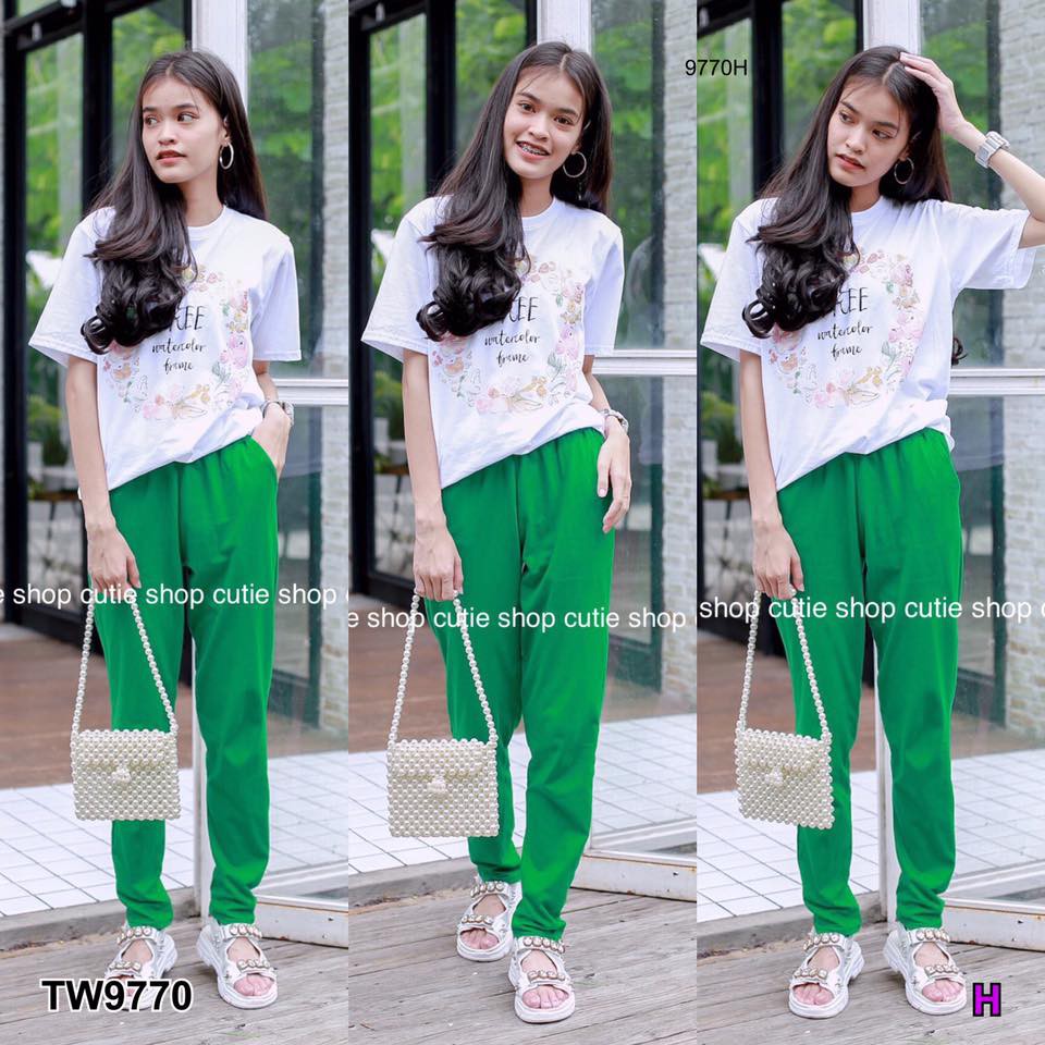 เสื้อยืดแขนสั้นลายดอกไม้-กางเกงขายาว-tw9770