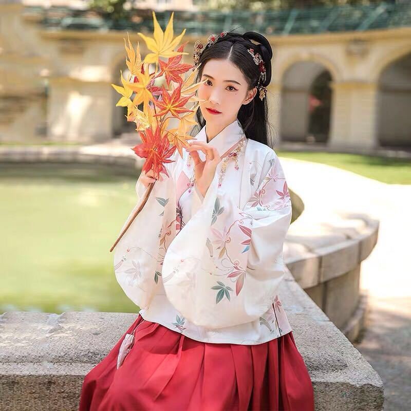 hot-sale-fengling-hanfu-หญิงปกมือหมิงทำใบเมเปิ้ลพิมพ์เอวจีบกระโปรงนักเรียนสไตล์จีนฤดูใบไม้ผลิและฤดูร้อนสองสีสาวเครื่อ