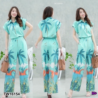 TW16154 New set 2 ชิ้น พร้อมส่งค่า เสื้อปกเชิ้ตแขนเบิ้ลลายต้นมะพร้าว ติดกระดุมด้านหน้า + กางเกงขายาว มีกระเป๋าข้าง