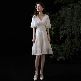 🔥Hot sale~ กระโปรงชุดราตรีสีขาวสามารถสวมใส่ได้ในปี 2020 ใหม่ที่จัดเลี้ยงสุภาพสตรีชุดเดรสลูกไม้หญิงสั้น