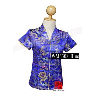 WM3308 เสื้อจีนผู้หญิง คอวี ลายมังกร หงส์ และดอกโบตั๋นกลม