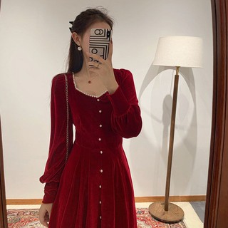 🔥Hot Sale / ชุดเดรสสไตล์ใหม่แฟชั่นชุดหมั้นสีแดงชุดกำมะหยี่สีทองผู้หญิง