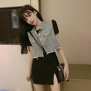Influencer ชุดเดรสยีน เสื้อกั๊ก ขนาดเล็ก สไตล์ตะวันตก ฤดูร้อน สําหรับผู้หญิง 2022