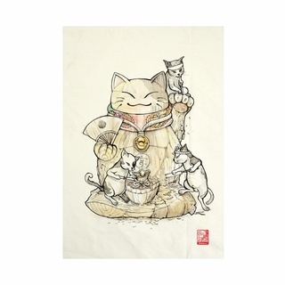 ผ้าแคนวาส พิมพ์ลาย แมวกวัก ไม่มีกรอบ ขนาด 34.5x48.5 ซม / Maneiki Neko Fabric Art  Canvas No frame size 34.5x48.5 cm.