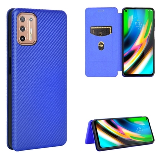 Luxury Carbon Fiber PU Leather Casing Motorola Moto G9 Plus Magnetic Flip Cover Wallet Case Card Holder Stand