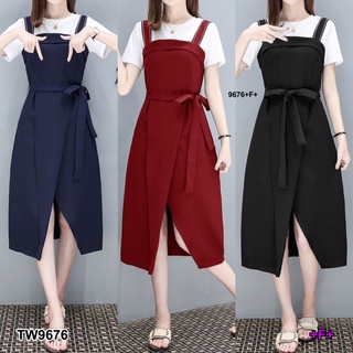 TW9676 Set 2 ชิ้นเสื้อยืดผ้าคอตตอนทรงครอปมาพร้อมเอี๊ยม