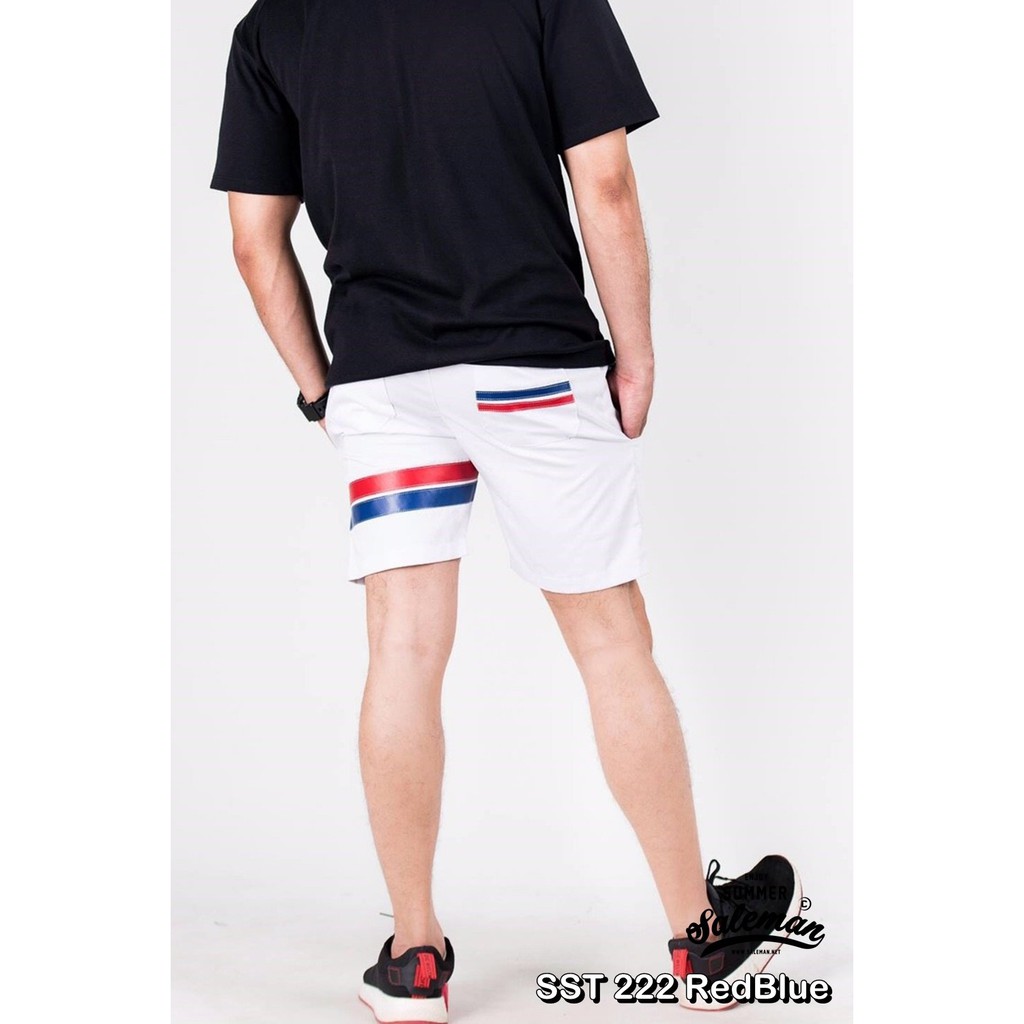 กางเกงขาสั้น-พรีเมี่ยม-ผ้า-cotton-รหัส-sst-222-redblue-สีขาว-แถบแดงน้ำเงิน