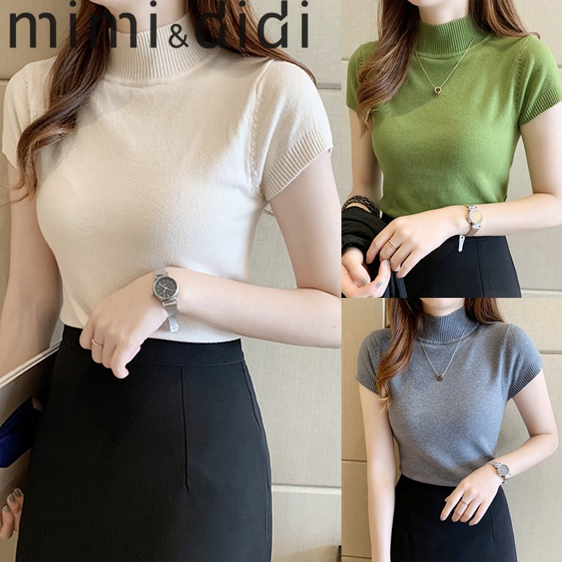 ราคาและรีวิวmimi&didi 473 เสื้อไหมพรมแขนยาว เสื้อครอป คอเต่า แขนสั้น สีพื้น​ เนื้อผ้าบางไม่มาก สไตล์รัดรูป เหมาะสำหรับสาวOffice