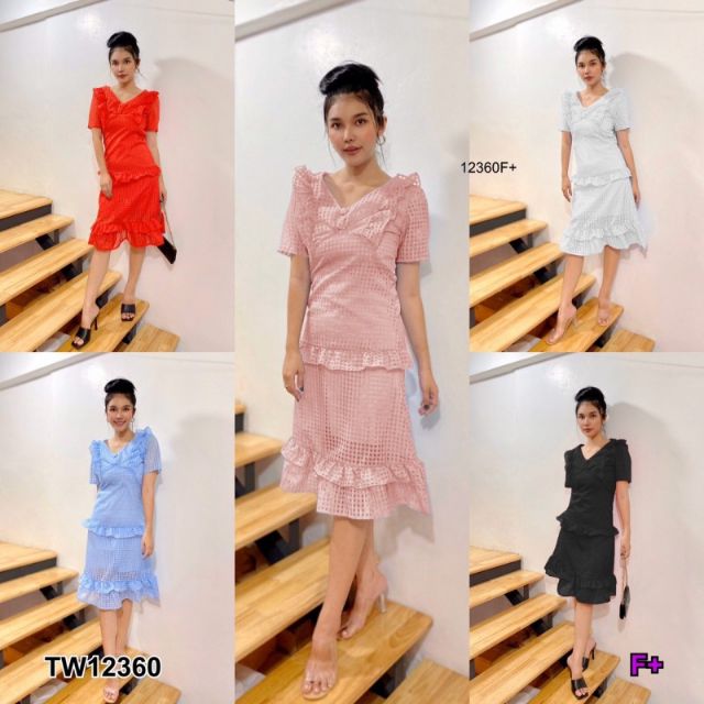 lt-tw12360-gt-เดรสคอวี-ป้าย-borichta-ผ้าแก้วแต่งอกระบาย-เนื้อผ้าแก้วแต่งลายตาราง-ช่วงกระโปรงแต่งระบายรอบ-มีซิปหลัง