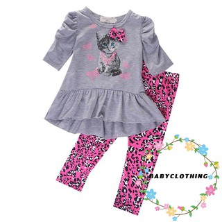 YHA-2pcs เด็กผู้หญิงเด็ก Cat เสื้อ Tops + Leopard กางเกง Leggings Outfits เสื้อผ้า 2-7Y