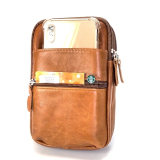 Chinatown leather กระเป๋าหนังแท้ใส่มือถือสีน้ำตาลเข้มซิปคู่กระดุมหน้า ไอโฟนโปรแมคได้ 3 เครื่อง