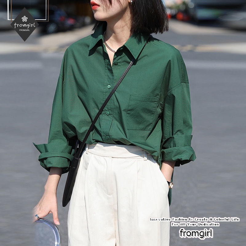 เสื้อเชิ้ตแขนยาว ทรงหลวม สีเขียว แฟชั่นฤดูใบไม้ผลิ และฤดูใบไม้ร่วง ...