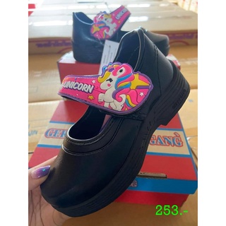 B6509 รองเท้านักเรียน หนังดำ ครบไซส์ อนุบาลหญิง มีไฟ พร้อมส่ง Unicorn 🦄   G-6509 size : 25-34 Feebus