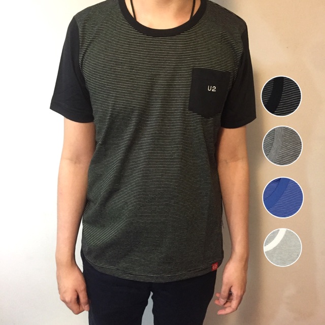 4สี-เสื้อยืดคอกลมลายริ้ว-มีกระเป๋าหน้าอก