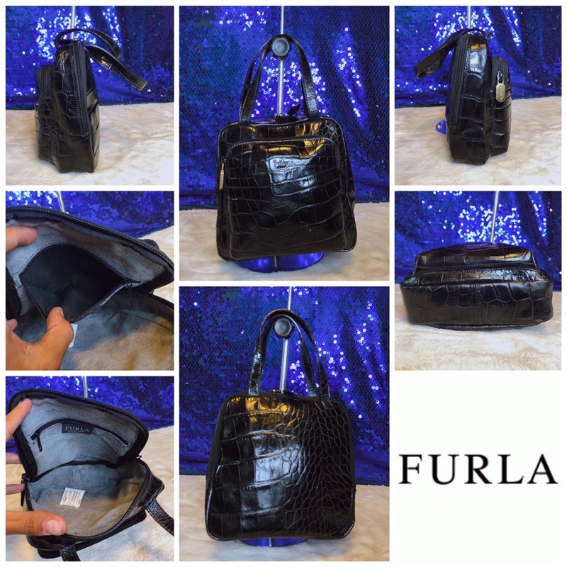 furla-black-croc-embossed-leather-handbag-แท้