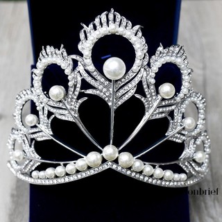 ❤BRIEF New Arrival Big Size Pageant Full Round Silver Pearl Feather Shining Rhinestone Tiara Crown