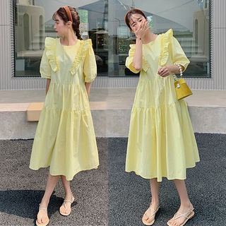 💛 S-2XL ชุดเดรสคอกลมสีเหลืองแขนสั้นสไตล์ตะวันตกหวานและน่ารักลำลองสีทึบหลวมเอวสูงกระโปรงทรงเอยาวปานกลาง