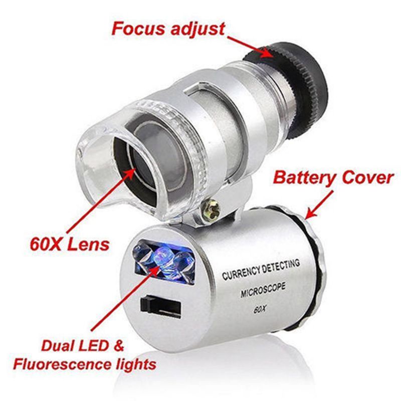 ภาพสินค้ากลัองขยาย 60เท่า พร้อมไฟLED microscope 60x Led &UVแว่นขยายขนาดเล็ก กล้องส่องพระ เครื่องประดับ ธนบัตร Magnifier รวมถ่าน จากร้าน drnink บน Shopee ภาพที่ 2