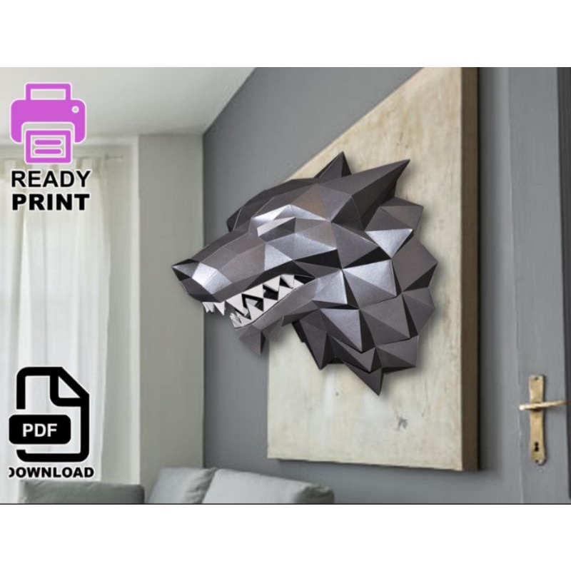 จิ๊กซอว์โมเดลกระดาษ3มิติหัวหมาป่า-papercraft-wolf-head-3d