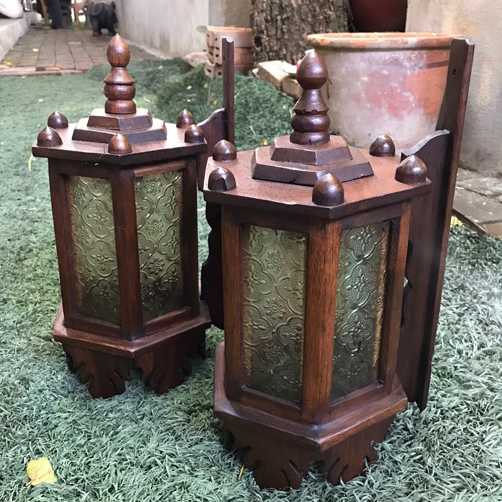 โคมไฟไม้สัก-แบบติดผนัง-หกเหลี่ยม-คู่-lamp-holder