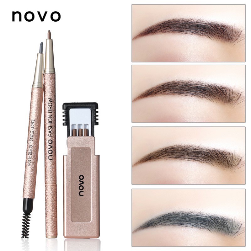novo5146-hot-สุดๆ-ใหม่-ของแท้-โนโว-novo-eyebrow-ดินสอเขียนคิ้ว-แถมไส้ดินสอ-บล๊อกคิ้ว-3-ชิ้น-gold-set