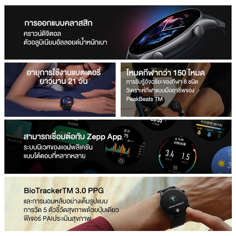 ภาพหน้าปกสินค้าAmazfit GTR 3 Waterproof Smartwatch สัมผัสได้เต็มจอ SpO2 GTR3 Smart watch นาฬิกาสมาร์ทวอทช์ วัดออกซิเจนในเลือด วัดอัตราการเต้นของหัวใจ นาฬิกาอัจฉริยะ วัดชีพจร ความดัน นับก้าว สมาร์ทวอทช์ ประกัน 1 ปี ผ่อน 0% 10เดือน จากร้าน zepp_thailand บน Shopee