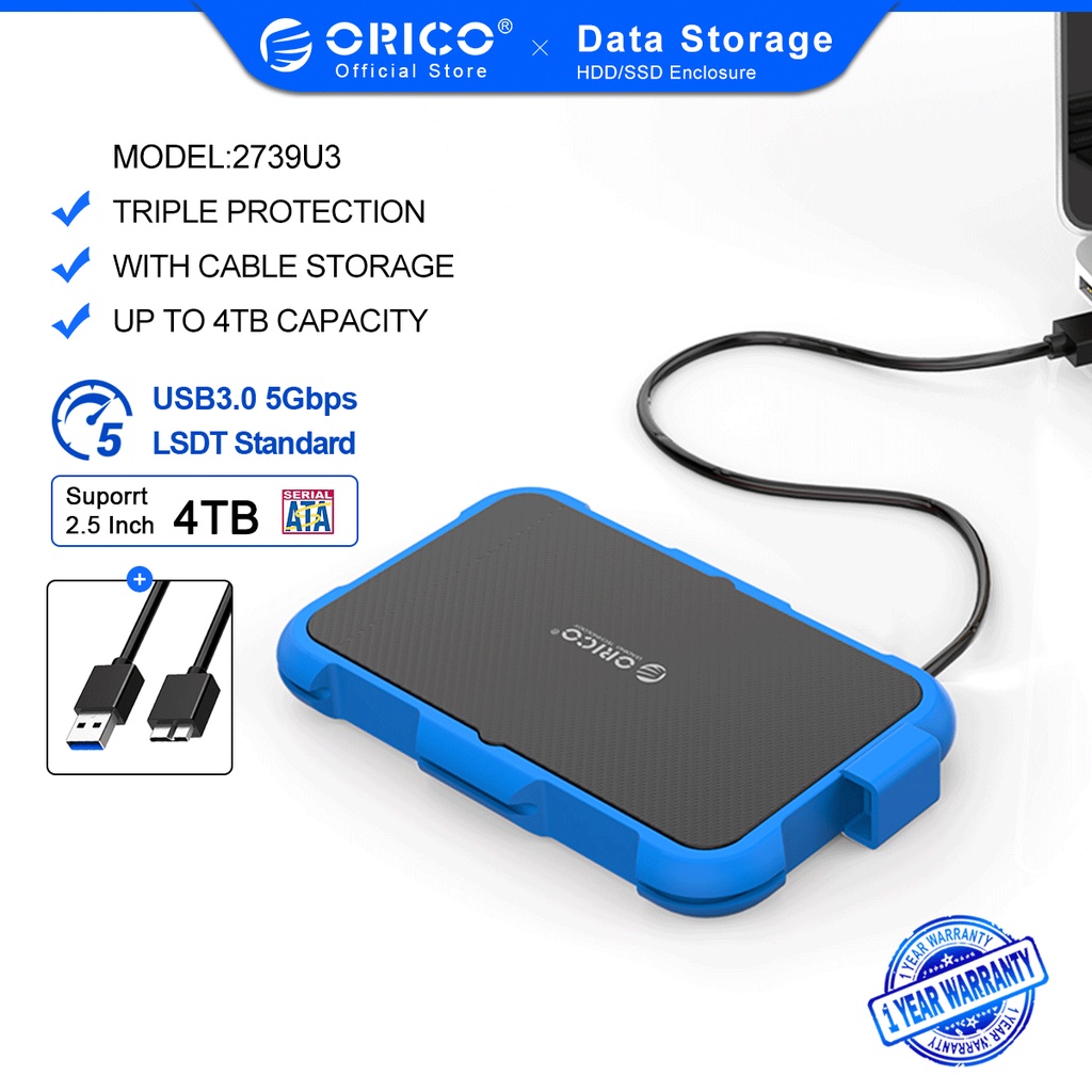 ภาพหน้าปกสินค้าORICO 2.5 inch HDD Enclosure Outdoor Waterproof Shockproof Dustproof Hard Disk Box SATA3.0 to USB HDD Case with Portable Hook2739U3
