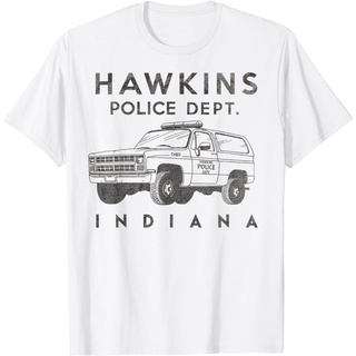 ROUNDคอลูกเรือNeckเสื้อยืด พิมพ์ลายตํารวจ Netflix Stranger Things Hawkins สําหรับผู้ใหญ่ Indiana เสื้อยืด - เสื้อยืดผู้ช