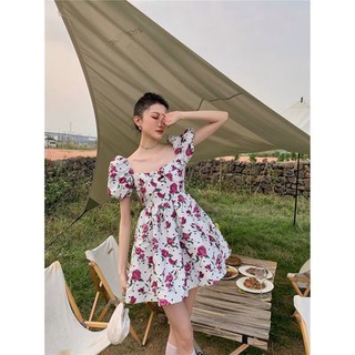 🔥Hot Sale/ Campanulaceae first love tea break French niche พัฟ sleeve French retro rose gentle sweet floral dress women