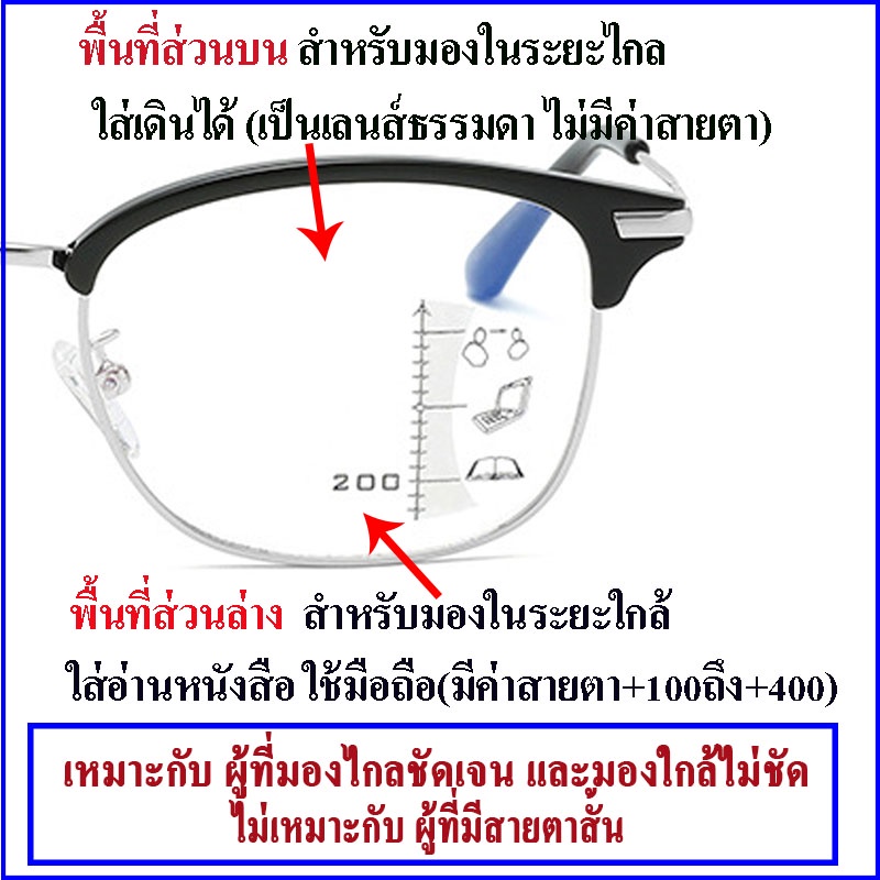แว่นอ่านหนังสือแบบโปรเกรสซีฟ-4in1-แว่นมองไกล-มองใกล้-กรองแสงสีฟ้า-เปลี่ยนสีเมื่อออกแดด-แว่นสีดำสีเงิน-กล่อง-ผ้าเช็ดเลนส์