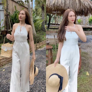 **ติดตามร้านลด 20 บ. *แชทถามก่อนโอน**TW13827  Jumpsuit จั้มสูทสายคล้องคอ ผ้าซาร่า มียางสม็อคหลัง ขากระบอก