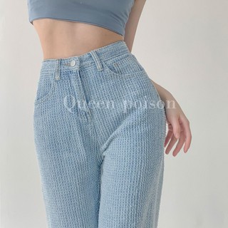 ขนาดใหญ่ขนาด light blue air sense ทอตรง- กางเกงยีนส์ผู้หญิงเอวสูง slimming ถักกางเกงกางเกง