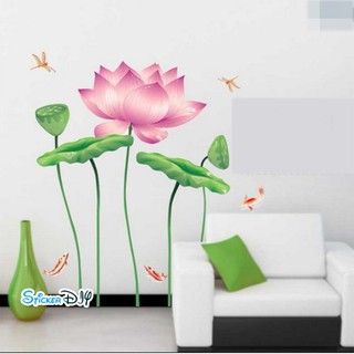 Transparent wall sticker สติ๊กเกอร์ติดผนัง ดอกบัวนำโชคกะแมลงปอ "ความเจริญรุ่งเรือง" (กว้าง180cm.xสูง130cm.)