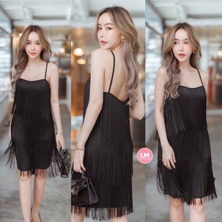 M10 S-M Dress เดรสสั้น เดรสพู่ สีดำ ชุดไปเที่ยว ชุดปาร์ตี้ ชุดดินเนอร์  ชุดสายฝอ เดรสสายฝอ Lemonade