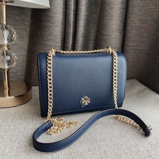 🎀 (สด-ผ่อน) กระเป๋าสะพาย สีน้ำเงิน สายโซ่ทอง มีรองบ่า 67332 Tory burch carter shrunken  shoulder bag / Royal Navy