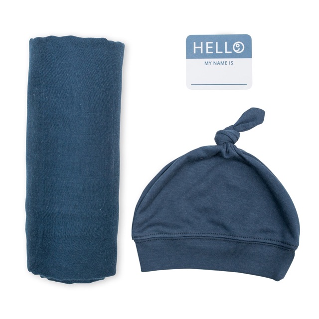 lulujo-ชุดผ้าอ้อมมัสลินคอตตอน-พร้อมหมวก-bamboo-hat-and-muslin-swaddle-navy
