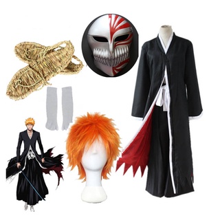 สินค้า ชุดคอสเพลย์อนิเมะ Ichigo Kurosaki Hollow Mask Ichigo Wig Black Cloak With Straw รองเท้าแตะ ถุงเท้า และกางเกง