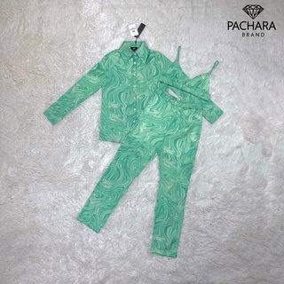 Code: 00804SB เซ็ต 3 ชิ้น เสื้อเชิ้ตแขนยาวสีเขียว ชุดเซทสวยๆ งานป้าย Pachara