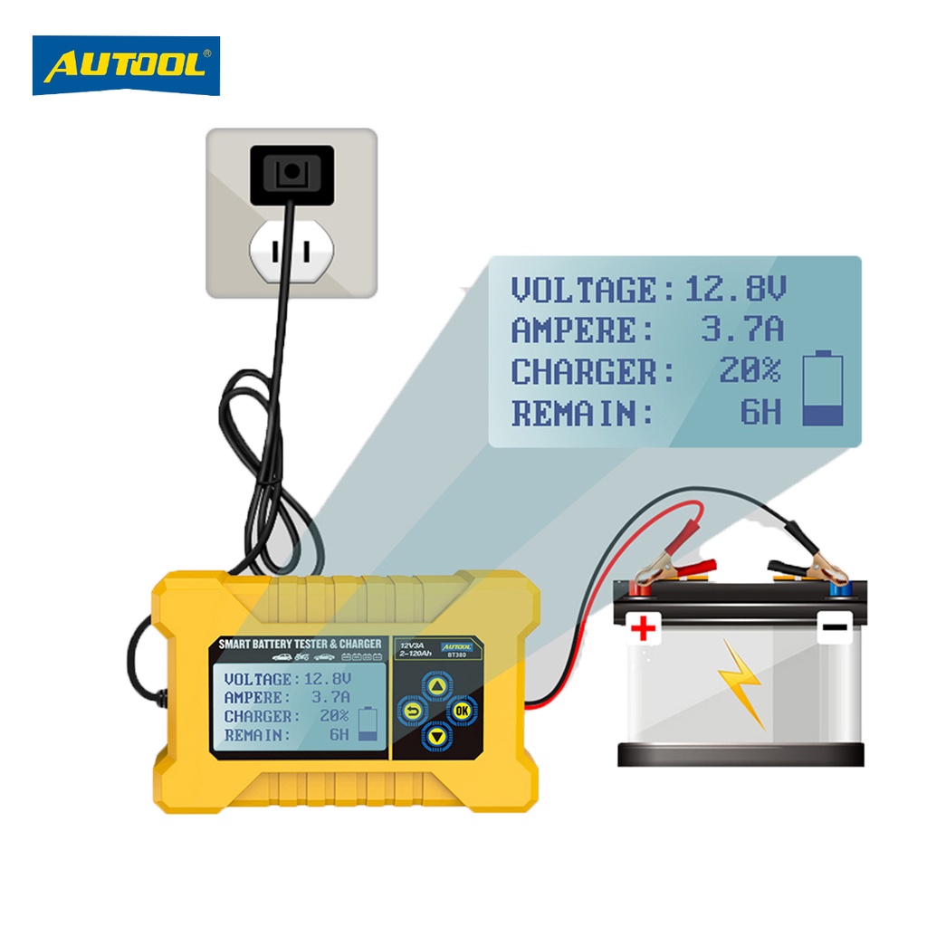 ภาพหน้าปกสินค้าAUTOOL BT380 12V เครื่องชาร์จ, การทดสอบแบตเตอรี่ เก็บประจุฉุกเฉินอัตโนมัติ เป็นแหล่งจ่ายไฟสตาร์ตฉุกเฉิน สำหรับรถยนต์ SUV จักรยานยนต์ เรือ CCA เครื่องชาร์จแบตเตอรี่รถยนต์ เครื่องซ่อมแบตเตอรี่