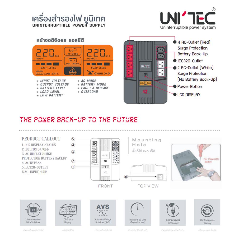 ups-unitec-model-x2-plus1000va-530wรุ่นนี้ผู้ใช้เปลี่ยนแบตง่ายได้เอง-mounting-holeแขวนผนังได้-มีศูนย์บริการ-ประกัน-2ปี