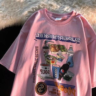 เสื้อยืดแขนสั้น ผ้าฝ้าย 100% ทรงหลวม สไตล์เรโทร อเมริกัน แฟชั่นฤดูร้อน สําหรับผู้ชาย และผู้หญิง