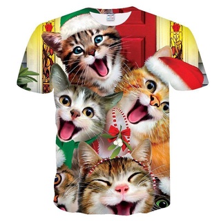 เสื้อยืด คอกลม พิมพ์ลายแมว 3 มิติ แนวสตรีท แฟชั่นสําหรับผู้ชาย และผู้หญิง