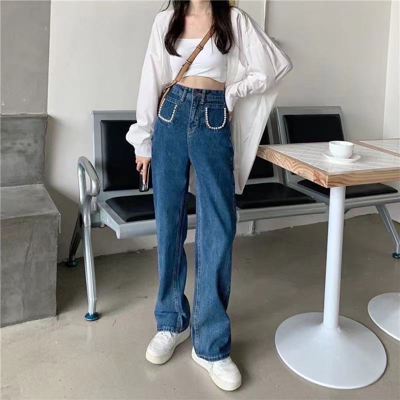 fashion-กางเกงกระเป๋าลูกปัด-ยีนส์-น่าฮักทรงขากระบอก-ยีนส์เข้ม-เนื้อผ้าดีระบายอากาศใส่สบาย-c57