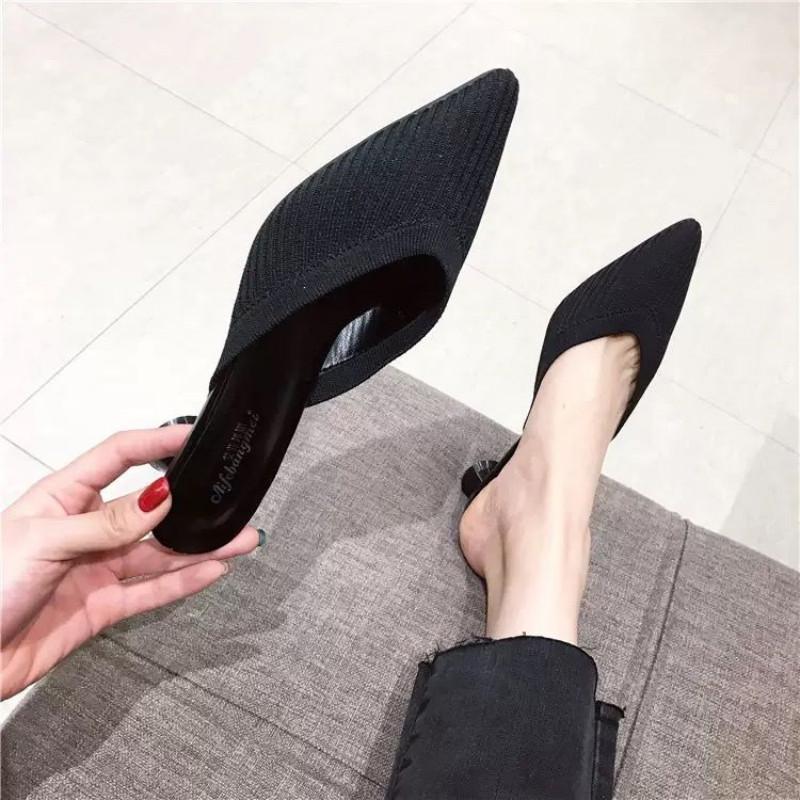 รองเท้าส้นสูงหัวแหลมสไตล์เกาหลีครึ่งรองรับฤดูร้อนปี-2020-ใหม่รองเท้าแตะแพลตฟอร์มถักของผู้หญิงรองเท้าส้นสูงหัวแหลม